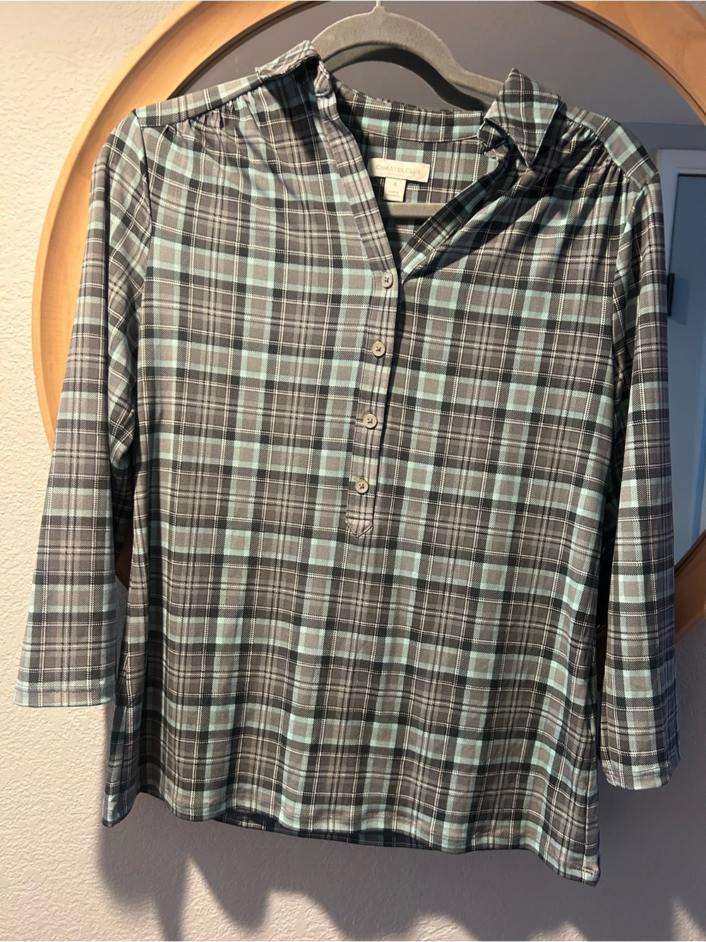 Charter Club Plaid Button-Front Top in Teal and Black